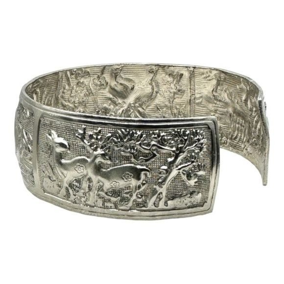 Tibetan Silver Bangle Cuff Bracelet with Peacocks, Love Birds and Deer Scenes - Picture 5 of 11